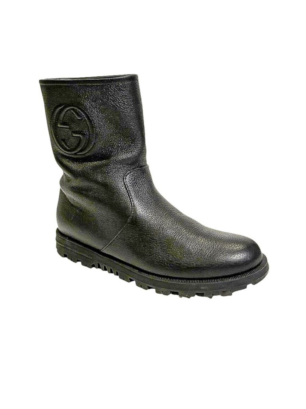 Gucci Interlocking G Pull On Boots EU 37 Black Pebbled Leather Lug Sole Low Calf